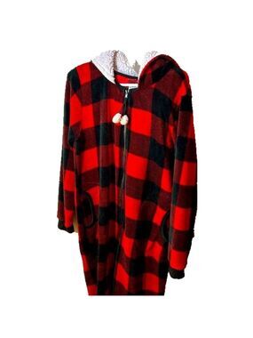 weekend edition red plaid fleece hooded one peice XL pajamas